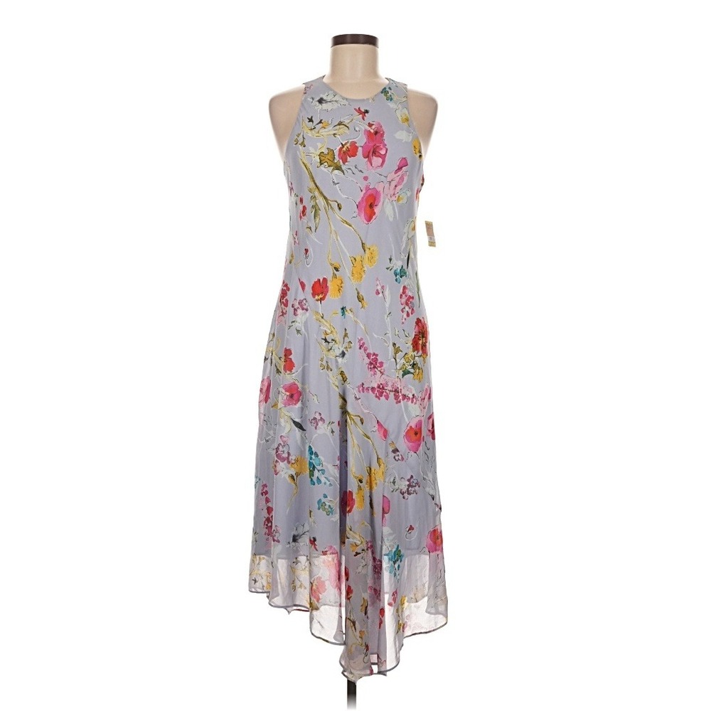 Rachel Roy Floral Asymmetric Hem Dress M High Neck Watercolor Floral Romantic